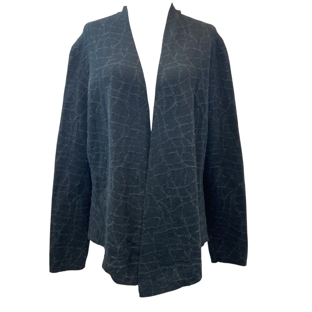 Eileen Fisher Cardigan Sweater Womens L Black Cotton Blend Geometric Open Knit